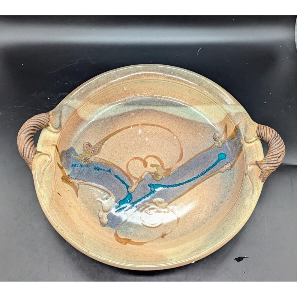 Vintage LeSueur Studio Art Pottery Round Handled Serving Tray Bowl 13.5" Signed